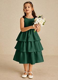 Azazie Margery Flower Girl Dresses Dark Green A-Line Bow Stretch Satin Dress image2