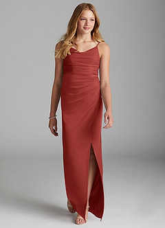 Azazie Deandra Junior Terracotta Sheath Mesh Dress image3