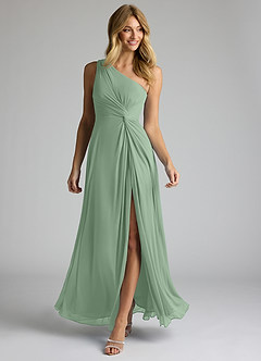 Azazie Brooke Bridesmaid Dresses Matcha A-Line One Shoulder Mesh Dress image2