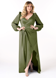 Azazie Mel Bridesmaid Dresses Olive Sheath Long Sleeve Stretch Satin Dress image7