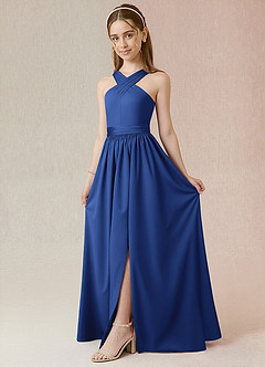 Azazie Jiya Junior Royal Blue A-Line Pleated Stretch Satin Dress image1