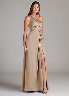 Azazie Brooke Bridesmaid Dresses Taupe A-Line One Shoulder Stretch Satin Dress image4