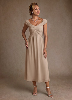 Azazie Mirta Mother of the Bride Dresses Taupe A-Line Pleated Floral Burnout Dress image1