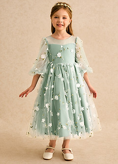 Azazie Elowen Blumenmädchenkleider A-Linie Herzausschnitt Spitze Kleid Matcha image3
