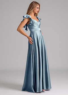 Azazie Leilani Bridesmaid Dresses Dusty Blue A-Line Ruched Stretch Satin Dress image6