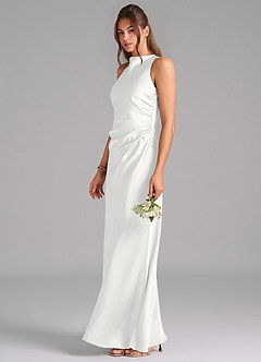 Azazie Evadne Vestidos de damas de honor Vestido de Blanco de Satén Elástico de Corte Recto con Plisado image1