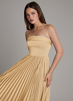 Azazie Mariana Bridesmaid Dresses Gold A-Line Pleated Stretch Satin Dress image4