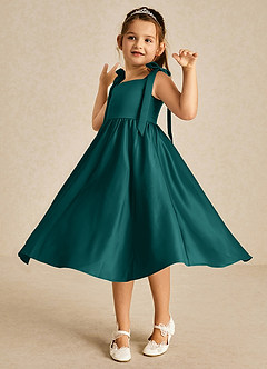 Azazie Chelsie Flower Girl Dresses Peacock A-Line Bow Matte Satin Dress image3