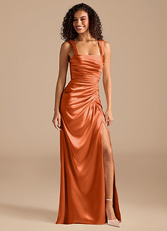 Azazie Jesaphine Bridesmaid Dresses Burnt Orange Sheath Bow Metallic Satin Dress image1