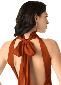 Azazie x Delaney Bridesmaid Dresses Burnt Orange Sheath High Neck Stretch Satin Dress image5
