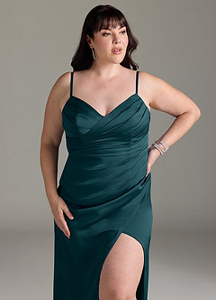 Azazie Yola Bridesmaid Dresses Pine Sheath V-Neck Pleated Stretch Satin Convertible Dress image14