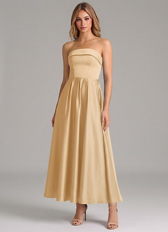 Azazie Lucienne Vestidos de madrinha de casamento Vestido Ouro de Cetim elástico de Linha A com Plissado image1