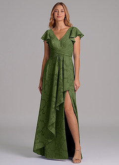 Azazie Omari 신부 들러리 드레스 A라인 주름진 플로럴 번아웃 바닥 길이 드레스 image4