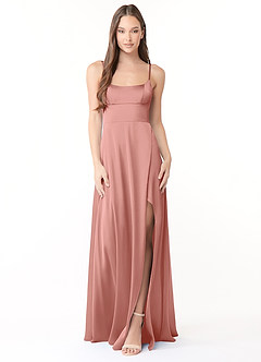 Azazie Halsey Bridesmaid Dresses Rosette Sheath Side Slit Stretch Satin Dress image1