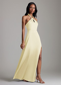 Azazie Tracie Bridesmaid Dresses Lemon Sorbet A-Line Side Slit Stretch Satin Dress image3
