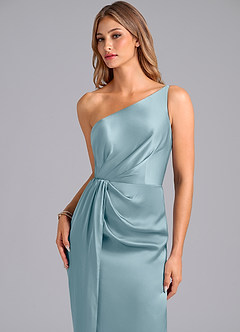 Azazie Naria Bridesmaid Dresses Moody Blue Sheath One Shoulder Stretch Satin Dress image7