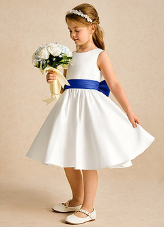 Azazie Sosie Blumenmädchenkleider A-Linie Plissee Matte Satin Kleid Elfenbein Königsblau image3