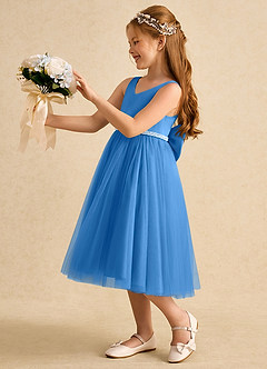 Azazie Firefly vestidos de niña de las flores Vestido de Azul Grisaceo de Satin Mate de Corte En A con Lazo image1