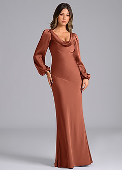 Azazie Rylina Bridesmaid Dresses Clay Mermaid Long Sleeve Stretch Satin Dress image4