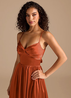 Azazie Zeya Bridesmaid Dresses Burnt Orange A-Line Pleated Metallic Satin Dress image5