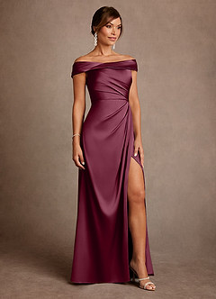 Azazie Bedford Mother of the Bride Dresses Mulberry Sheath Pleated Stretch Satin Dress image4