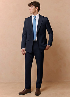 front Collins Navy Blue Double Breasted Wool Blend Suit
