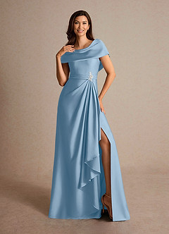 Azazie Branford Abiti per la Madre della Sposa Abito A-Line in Raso Elasticizzato Plissettato Azzurro Polvere image6