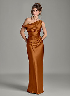 Azazie Emerson Bridesmaid Dresses Copper Mermaid Off the Shoulder Metallic Satin Dress image3