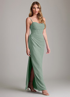 Azazie Mai Robes de demoiselle d'honneur Robe Fourreau en Mousseline de soie Plissée Sauge D'argent image3