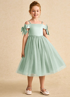 Azazie Amie Flower Girl Dresses Agave A-Line Off the Shoulder Matte Satin Dress image5