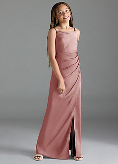 Azazie Leonis Junior A-Linie Plissee Stretch-Satin Kleid Altrosa image3