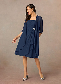 Azazie Olivia At-home Try On Dresses Dark Navy A-Line Square Neckline Pleated Chiffon Dress image1