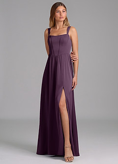 Azazie Rosaline Robes de demoiselle d'honneur Robe Trapèze en Satin extensible Fente Latérale Prune image4