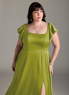 Azazie Bondi Bridesmaid Dresses Lemongrass A-Line Bow Stretch Satin Dress image11