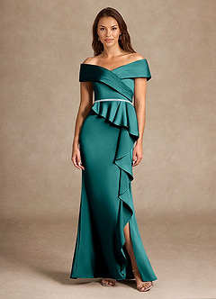 Azazie Dareia Mère de la mariée Robes Robe Sirène en Satin extensible Épaule décolletée Paon image3