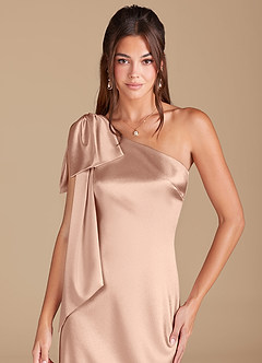 Azazie Capri Bridesmaid Dresses English Rose Sheath One Shoulder Metallic Satin Dress image5