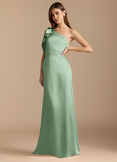 Azazie Rinna Bridesmaid Dresses Matcha Mermaid Ruched Metallic Satin Dress image4