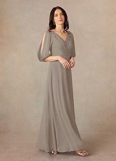 Azazie Bronwyn Mother of the Bride Dresses Taupe A-Line V-Neck Ruched Chiffon Dress image1