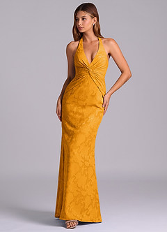 Azazie Valerie Abiti da Damigella Abito Sirena in Burnout Floreale Plissettato Caramello image4