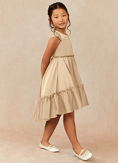 Azazie Lee Flower Girl Dresses Champagne A-Line Bow Stretch Satin Dress image3