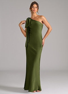 Azazie Capri Bridesmaid Dresses Olive Mermaid One Shoulder Stretch Satin Dress image3