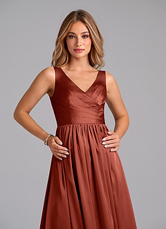 Azazie Keyla Bridesmaid Dresses Terracotta A-Line Pleated Stretch Satin Dress image3