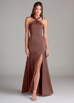 Azazie Rue Bridesmaid Dresses Espresso A-Line Pleated Stretch Satin Dress image3