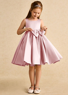 Azazie Jessie Robe Demoiselle D'honneur Fillette Robe Trapèze en Mat Satiné Arc Rose Poudré image4
