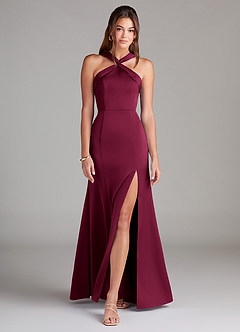 Azazie Rue Bridesmaid Dresses Burgundy Mermaid Pleated Stretch Satin Dress image3