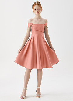 Azazie Amira Junior A-Linie Plissee Stretch-Satin Kleid Koralle image5
