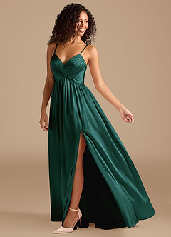 Azazie Alia Bridesmaid Dresses Pine A-Line Pleated Metallic Satin Dress image2