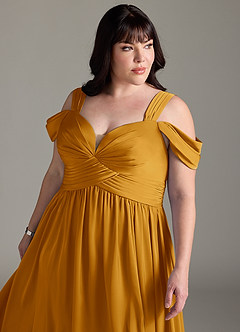 Azazie Lianne Bridesmaid Dresses Butterscotch A-Line Off the Shoulder Stretch Satin Dress image14