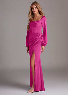 Azazie Charissa Brautjungfernkleider Etui Langarm Stretch-Satin Kleid Fuchsia image5