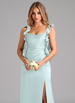 Azazie Jessamine Bridesmaid Dresses Sea Glass A-Line Corset Stretch Satin Dress image7